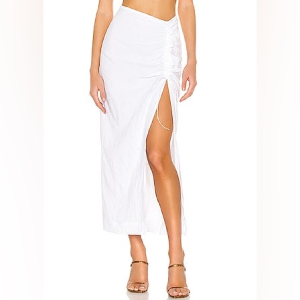 Bellini White Linen Ruched Midi Skirt